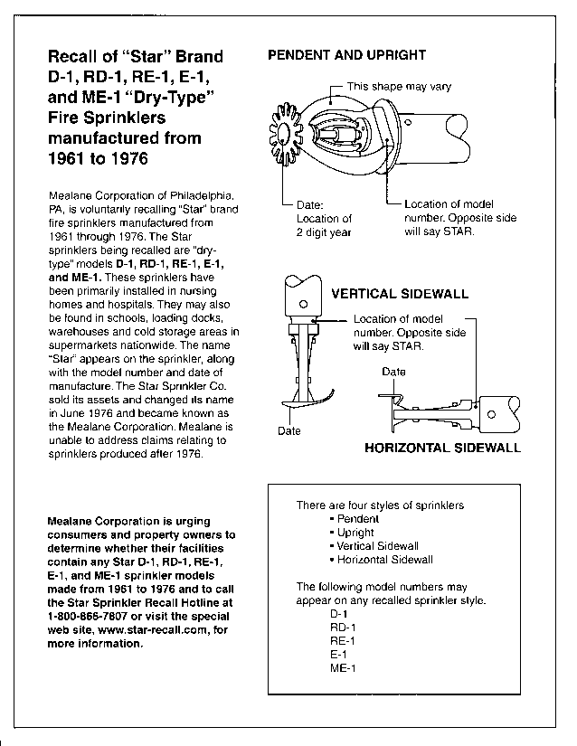 Recall of Star Brand "Dry Type" Sprinklers Models D-1, RD-1, RE-1, E-1 and ME-1